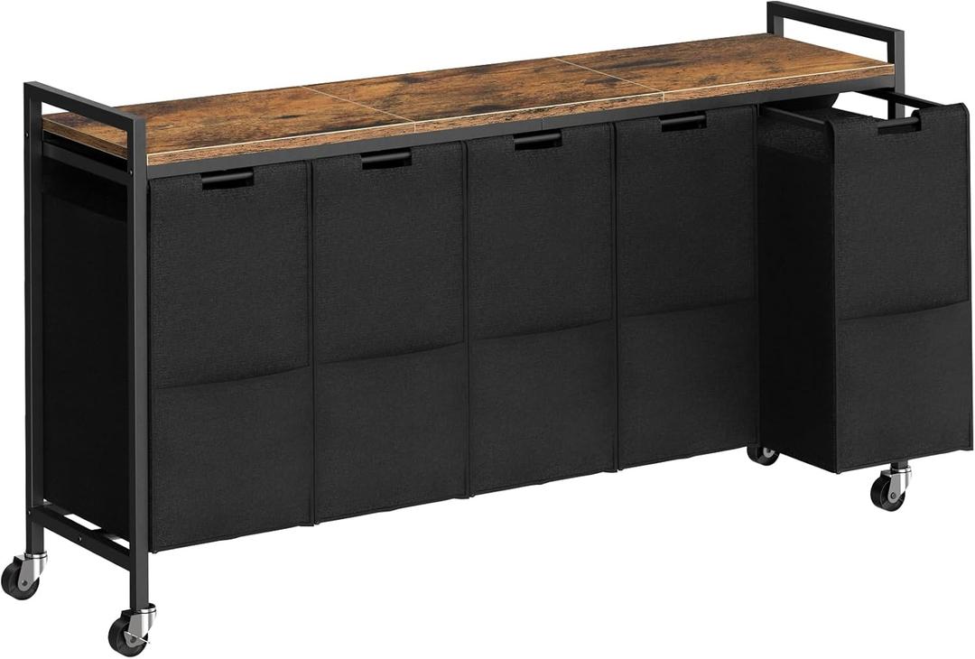 HOOBRO Laundry Sorter 5 Sections, Laundry Hamper with Wheels, 5  10.5 Gallon (40 L), Rolling Laundry Basket, Pull-Out and Removable Oxford Fabric Bags, Rustic Brown and Black BF07XY01