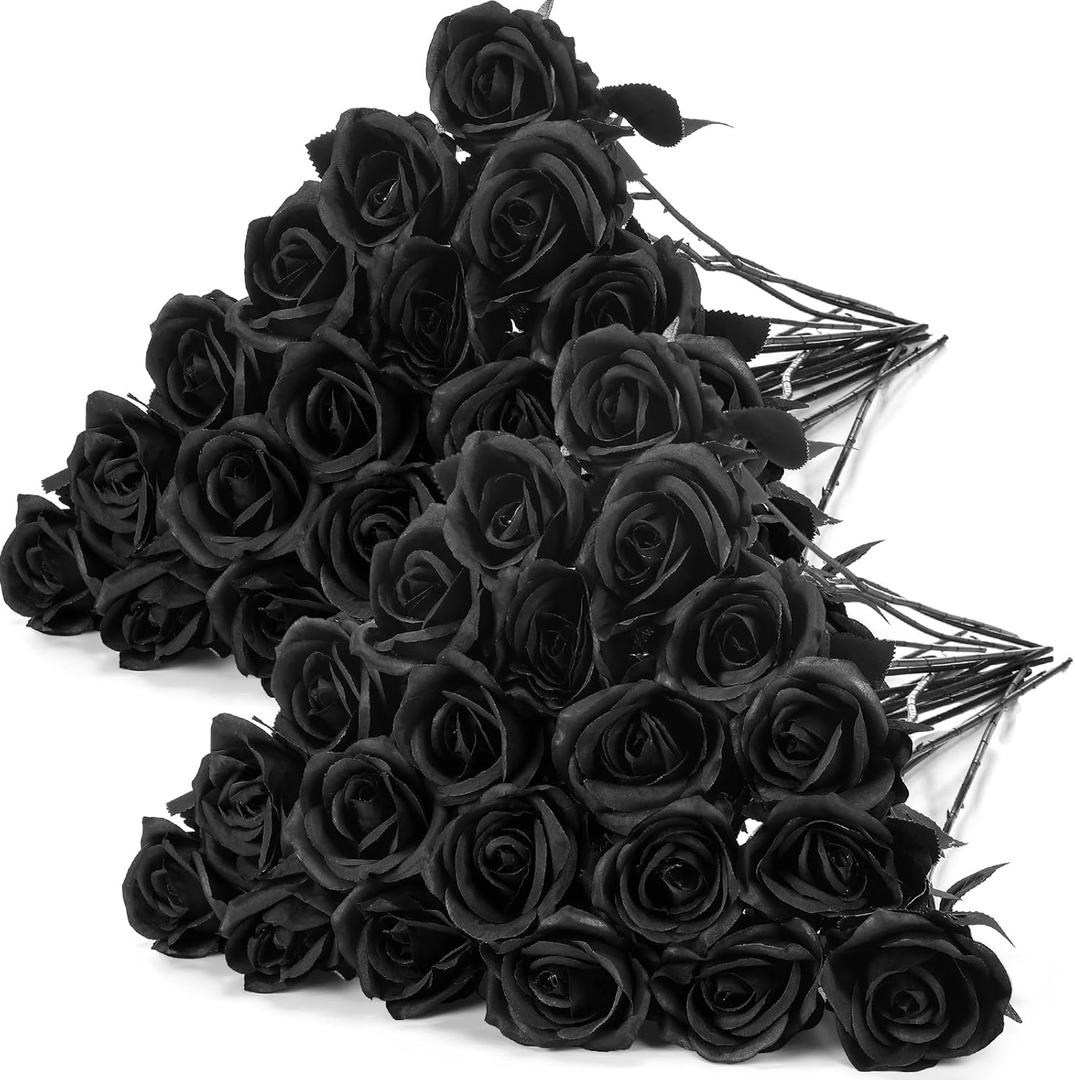Hotop 40 Pcs Rose Artificial Flowers Bulk with Long Stem,Realistic Silk Fake Roses Bouquet for Home Wedding Centerpieces Party Table Decoration Valentines Gifts(Solid Black)