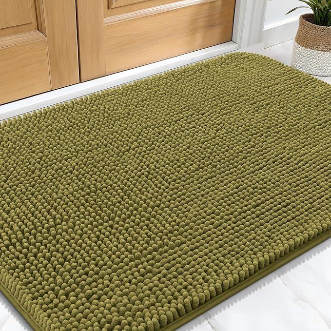 OLANLY Dog Door Mat for Muddy Paws 30x20, Absorbs Moisture and Dirt, Absorbent Non-Slip Washable Doormat, Quick Dry Chenille Mud Mat, Entry Indoor Entryway Carpet for Inside Floor, Olive Green