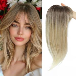 Hair Topper, 18 Inch Long Hair Toppers for Women with Thinning Hair, 360 3D Clip in Blunt Wispy Bangs (Ombre Dark Root to Blonde)