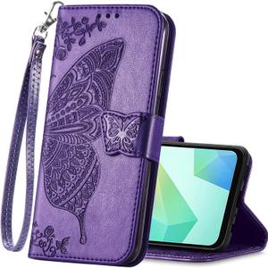 for Samsung Galaxy S26 Wallet Case,Women Flip Folio Cover Credit Card Holders Emboss Butterfly Flower PU Leather Purse Wrist Strap Kickstand Phone Case for Samsung Galaxy S26 Purple