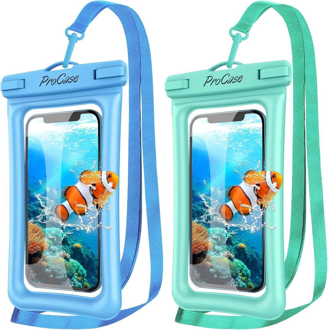 ProCase 2 Pack Floating Waterproof Phone Pouch IPX8, Universal Dry Bag Fits iPhone 17/16/15/14/13 Series, Galaxy S24/S23/S22, Pixel 8/7 (Up to 7),Touchscreen,Underwater & Snow Protection-Bluegreen