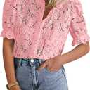 PRETTYGARDEN Womens 2026 Spring Lace Tops Short Puff Sleeve Casual Dressy Blouses Eyelet Crew Neck Button Down Shirts (Pink, Small)