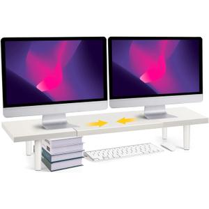 Dual-Monitor-Stand-Riser-For-Desk Adjustable Length 32-40 Inch Large Desktop Computer Monitor Riser For 2 Screens Desk Shelf Organizer Riser Stand For Computer/Laptop/PC/Printer/TV White