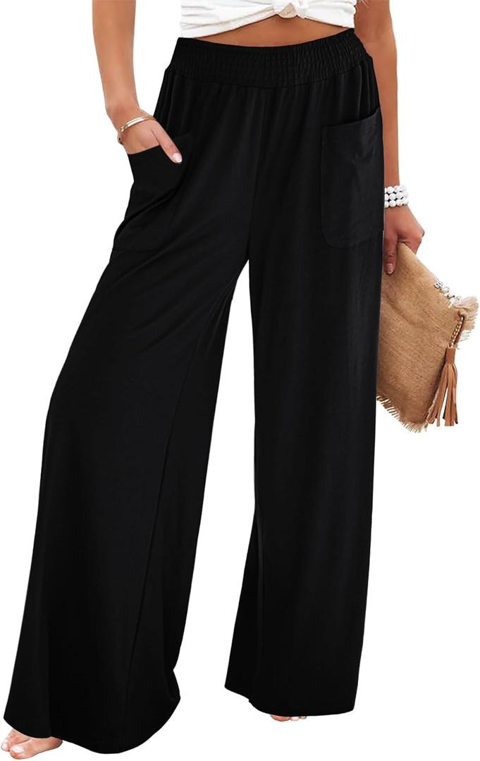 GRAPENT Wide Leg Pants for Women High Wasited Baggy Palazzo Pants Casual Pull On Bell Bottom Smocked Elastic Waist Pants (Large, Black)