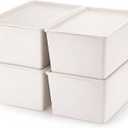 Menkxi 4 Pcs Storage Bins with Lids Plastic Stackable Containers for Organizing Shelves Christmas Ornament Box Baskets (Beige,Large)