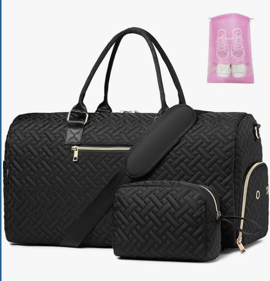 Bag for Travel, Weekender Bag with Shoe Compartment, Carry On Overnight Bag for Women with Toiletry Bag, Gym Bag with Wet Pocket, Hospital Bags for Labor and Delivery Black