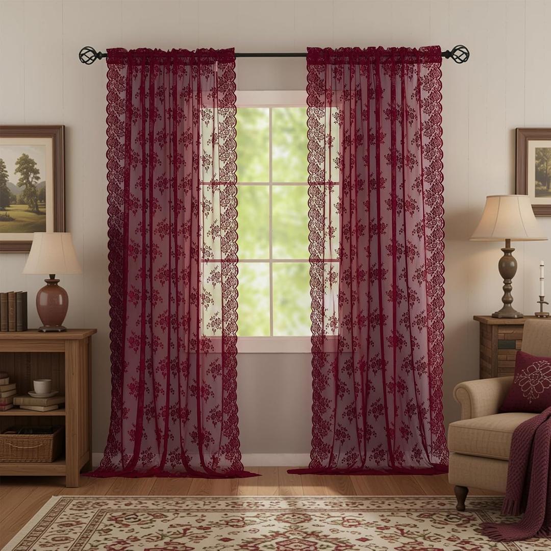 Kotile Maroon Lace Curtains 80 Inches Long 2 Panels Set Rusitc Floral Patterned Cottagecore Burgundy Curtains for Living Room, Rod Pocket Privacy Light Filtering Sheer Window Curtains, 52 x 80 Inch
