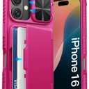 ATATOO for iPhone 16 Case, Built-in Card Holder (Store 3-5 Cards) & Slide Camera Protector, Military Grade Protection, Women Cute Silicone Wallet Case for iPhone 16 2024, Hot Pink