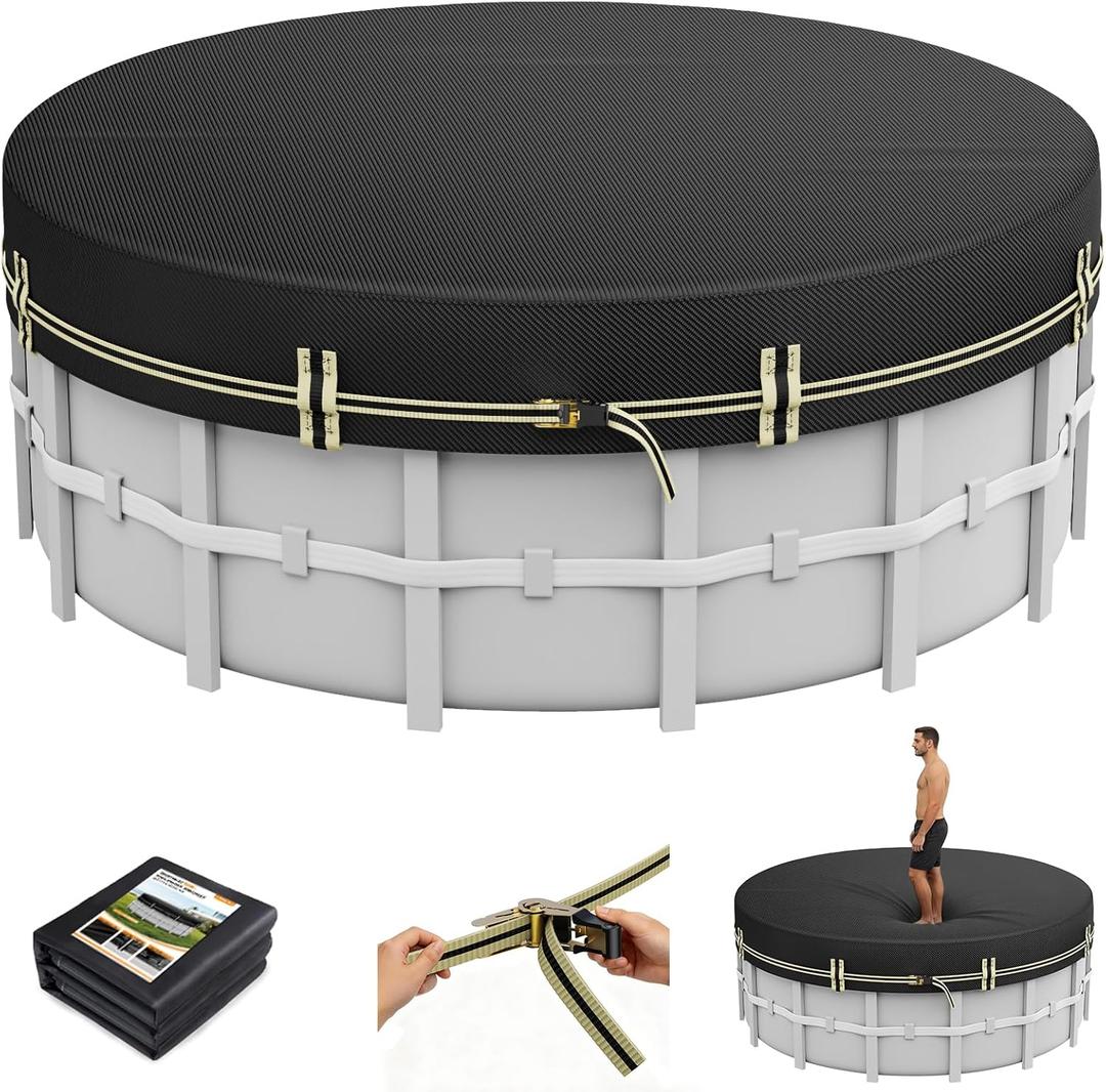 8 FT Round Pool Covers for Above Ground Pools, 500D Pool Solar Cover with Fast Tightening Ratchet, Stock Pool Tank Cover Ideal for Waterproof Dustproof Windproof