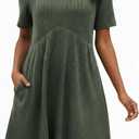 Ulovmi Women's Summer Casual Flowy A-Line Dresses Short Sleeve Ribbed Knit Swing Dress T-Shirt Sundress with Pockets (Green, M)