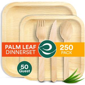 ECO SOUL 100% Compostable Palm Leaf Dinnerware Set of 250 For 50 Guests 10", 6" Square plates, Fork, Knife, Spoon, 50 Count each Biodegradable Disposable Utensils for Wedding, Parties, BBQ (Square Plate Set)