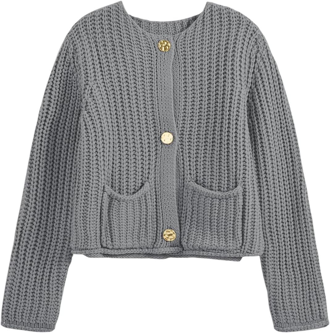 Saodimallsu Womens Button Up Sweaters Fall Chunky Knit Cropped Trendy Crewneck Loose Cardigan with Pockets (X-Large, Grey)