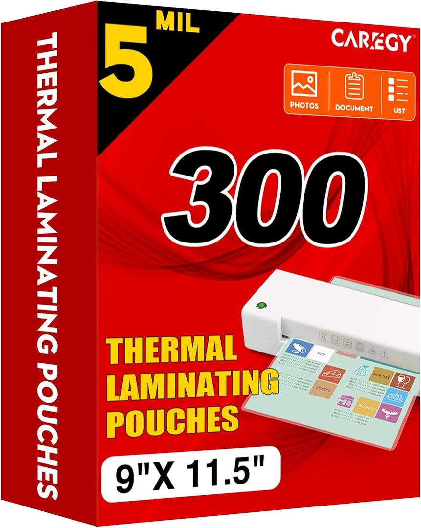 CAREGY 300 Pack Laminating Sheets, Holds 8.5 x 11 Inch Sheets,5 Mil
9 x 11.5 Inches Thermal Laminating Pouches for Laminator, Clear, Letter Size, Office and School Supplies