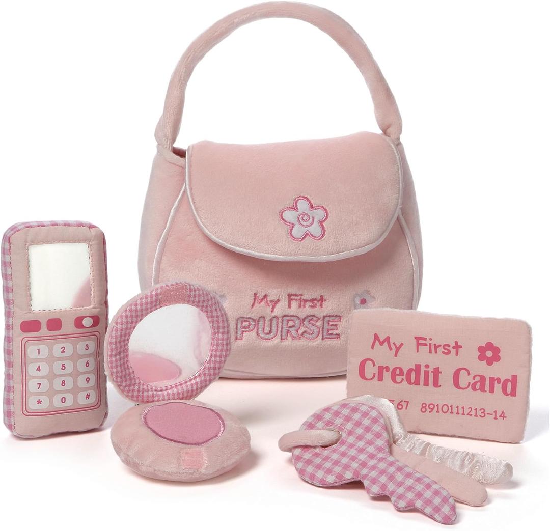 Baby GUND Play Soft Collection, My First Purse 5-Piece Plush Playset with Rattle, Mirror and Crinkle Plush Toys, Sensory Toy for Babies and Newborns, 8