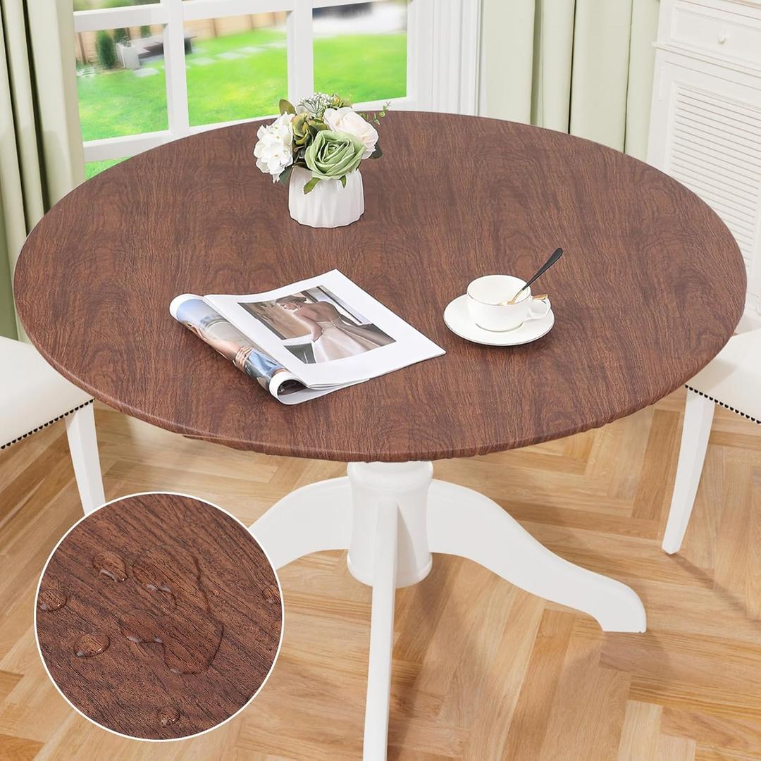 misaya Round Tablecloth with Elastic Edge, 100% Waterproof Oil Proof Plastic Table Cover, Vinyl Flannel Backed Table Cloth Fits 36"-44" Round Tables for Dinner, Outdoor, Picnic, Oak Wooden Grain