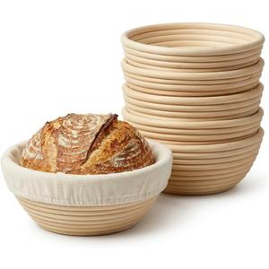 6 Pack Mini Round Banneton Proofing Basket Set 5 Inch, Natural Rattan Small Sourdough Bread Baskets with Linen Liners, Dough Baking Bowls for Professional & Home Bakers