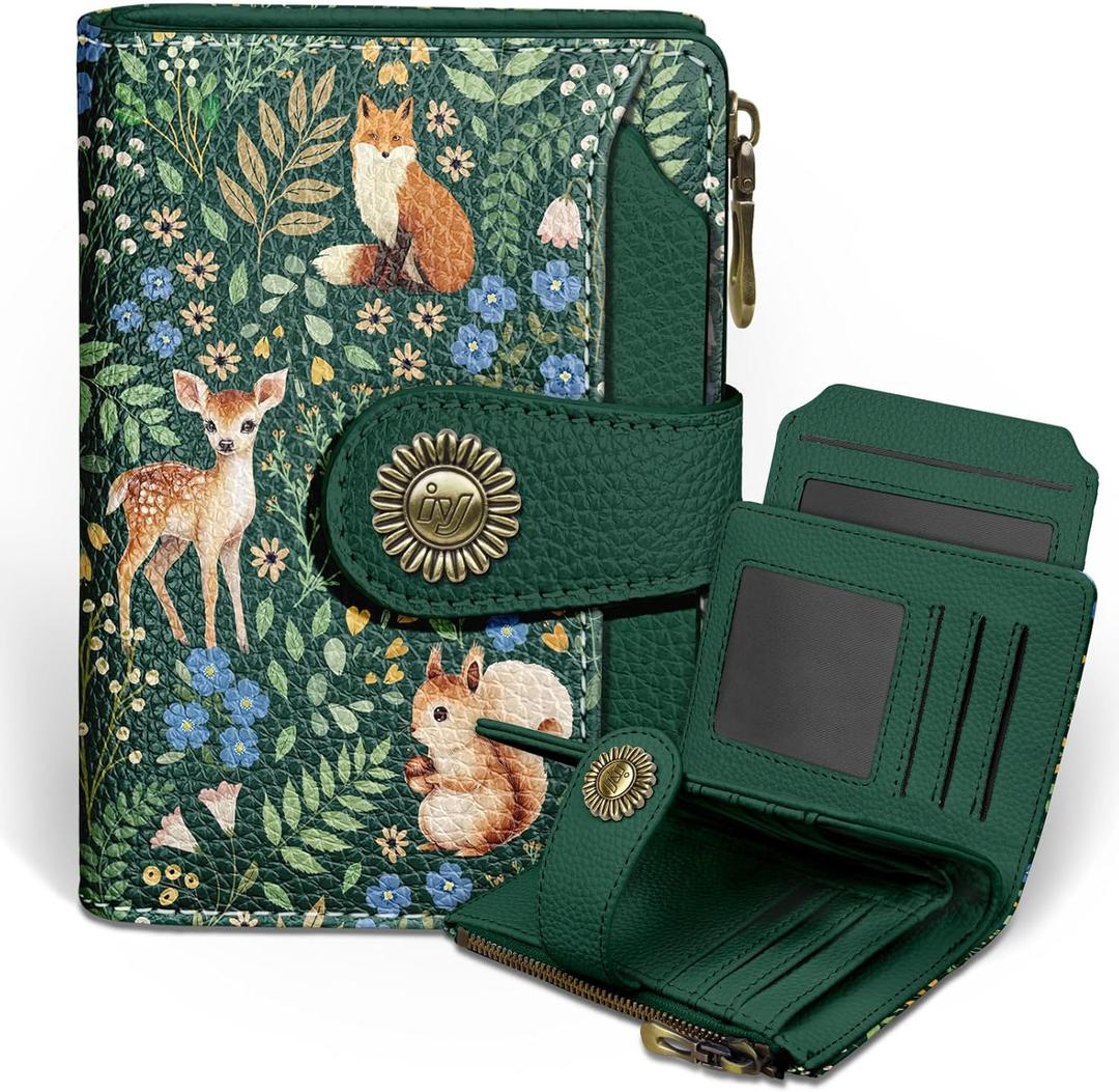 Icycay Squirrels Wallet Women Small RFID Blocking Bifold, Credit Card Holder, Zipper Coin Pocket, Cute, PU Leather, Compact, Travel, ID Window, 14 Card Slots, Cash Purse, Ladies Woman Female Girls (Forest)