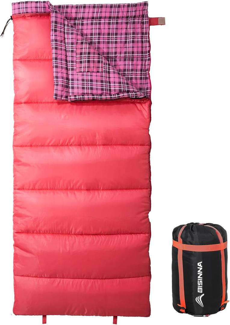 BISINNA Cotton Flannel Sleeping Bag for Adults Backpacking Camping Sleeping Bag 3 Season Envelope Sleeping Bags for Hiking (2.4lb, Pink)