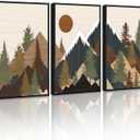 KUVIOKE Morden Mountains Framed Wall Art Boho Pine Tree Forest Nature Landscape Artwork Bohemain Farmhouse Rustic Bedroom Living Home Decor 16x24in (Black Framed) (Wooden Mountain Sunrise)