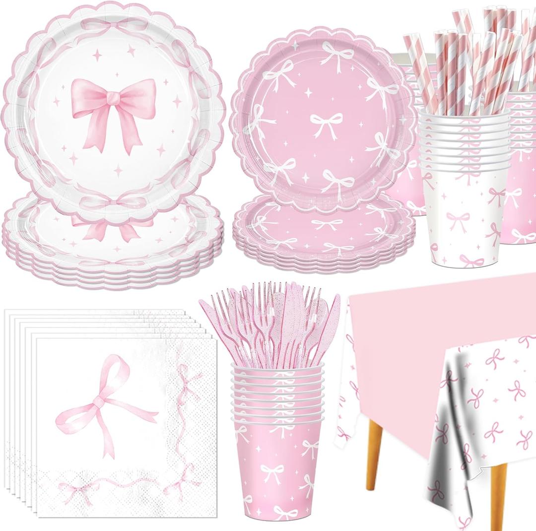 161PCs Pink Bow Party Supplies Pink Coquette Plates Napkins Cups Tablecloth Straws Forks Spoons Knives for Birthday Party Bachelorette Decor Bridal Engagement Coquette Party Supplies for 20 guests