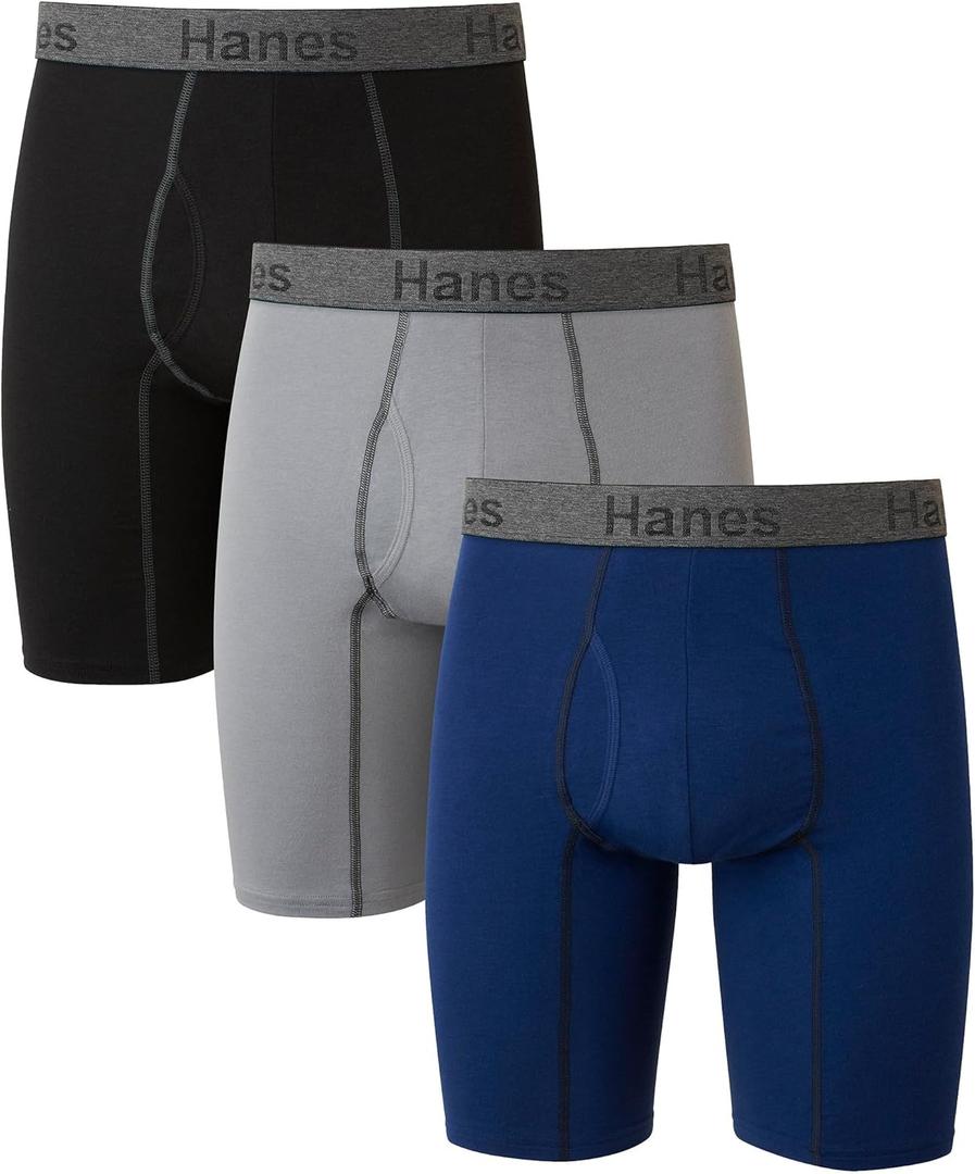 Hanes Men's Underwear Boxer Briefs or Long-Leg Boxer Briefs Pack, 3 Pack, No-Ride-Up, Stretch-Cotton Men Clothing (Navy/Grey/Black) XL