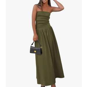 PRETTYGARDEN Women's 2025 Spring Strapless Maxi Dresses Patchwork Long Flowy Pockets Elegant Going Out Summer Tube Top Dress, S