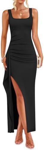 ZESICA Women's Sleeveless Formal Maxi Dresses 2025 Summer Ribbed Square Neck High Split Party Bodycon Long Dress XL