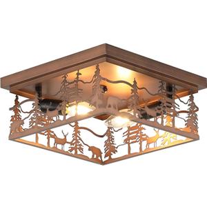 11" Rustic Farmhouse Flush Mount Ceiling Light, 2-Light Metal Fixture with Deer & Bear Design, Square Vintage Industrial Metal Cage Light Perfect for Kitchen, Foyer, Bedroom (Bronze)