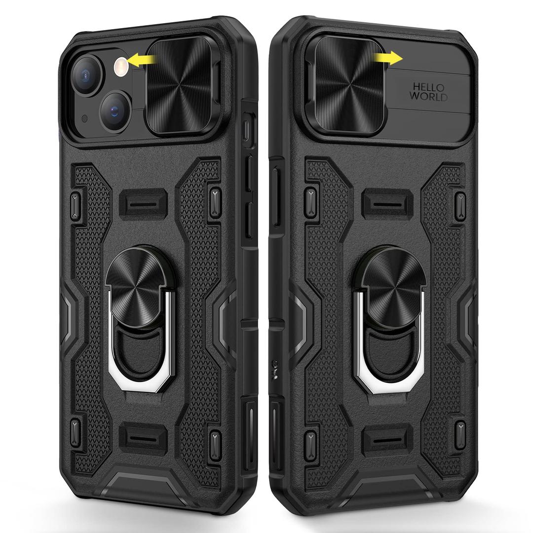 Caka for iPhone 14 & 13 Case with Camera Cover & Kickstand - 360 Rotate Ring Stand - Heavy Duty Protective Cover - Black