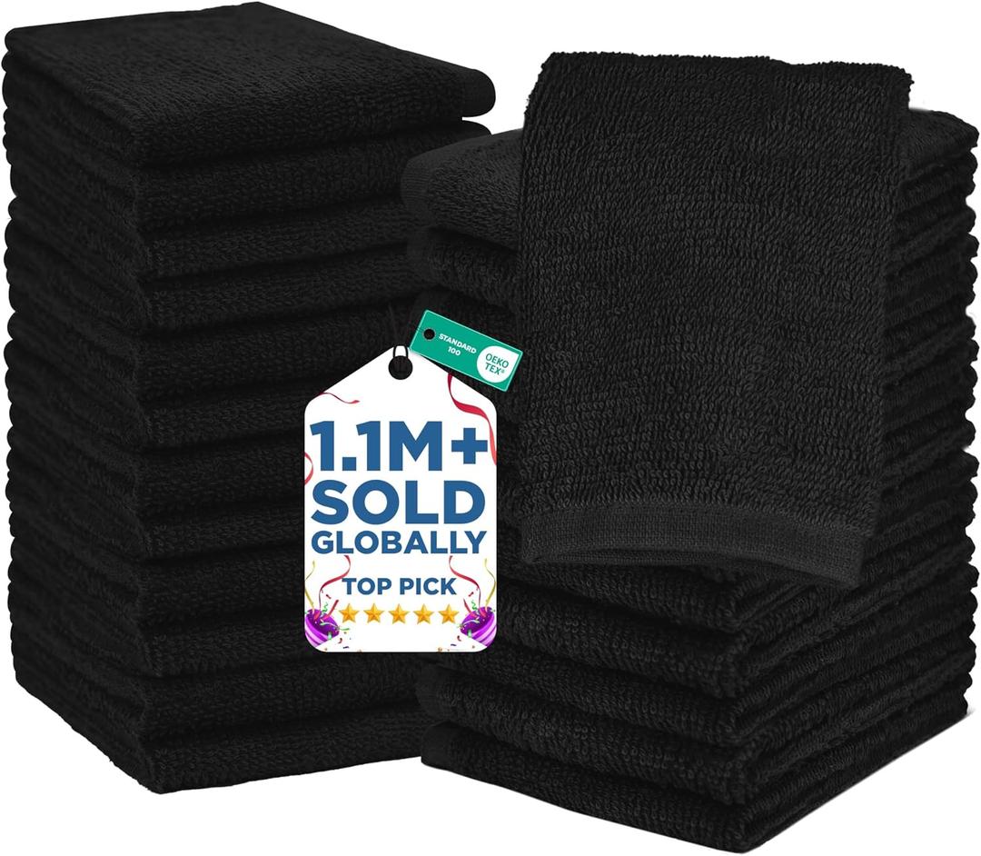 DAN RIVER 24 Pack Wash Cloths for Showering [12x12] - 100% Cotton Washcloths Premium Quality Flannel Face Cloths for Bathroom, Highly Absorbent and Soft Feel Wash Clothes, Black