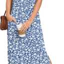 AUSELILY Women's V Neck Maxi Dresses, Straight-Cut Wrinkle-Free, Loose Split Sleeveless Vacation Dress with Pockets 2026 (Blue, L)
