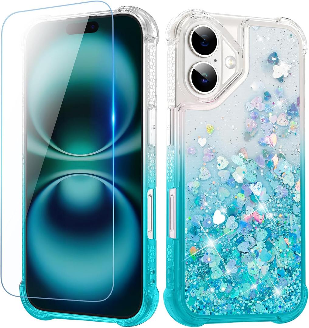 Ruky for iPhone 16 Glitter Case with Screen Protector, Sparkle Flowing Liquid Quicksand Soft TPU Protective Girls Women Phone Cover, Gradient Teal