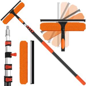 14" Window Squeegee with Extension Pole,26FT Reach High Window Washers for High Outside Windows,Professional Window Cleaning Tool Kit Include Replacement,180Rotatable Squeegee for Indoor/Outdoor