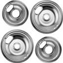 W10196406 and W10196405 Chrome Stove Burner Drip Pan Set for Whirlpool Amana Maytag Magic-Chef Kenmore Electric Range with Locking Slot, Includes 2 6-Inch and 2 8-Inch Drip Bowls