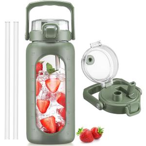 BLUEGO 64oz Glass Water Bottle with Handle and Straw, Motivational Sports Water Bottle with Time Marker and Silicone Sleeve Leakproof Drinking Bottle for Travel Gym Workout, Olive