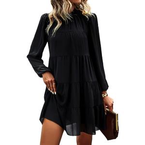 KIRUNDO Long Sleeve Baby Doll Dresses Women 2026 Casual Spring Summer Ruffle Mock Neck Tiered Mini Flowy Swing Shift Dress (Black), L