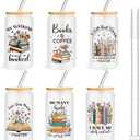 Yetene 6 Pcs Christmas Book Bookish Lovers Gifts for Women Readers 16 oz Glass Cups with Lids Straws Book Club Librarian Appreciation Christmas Birthday Gifts (White)