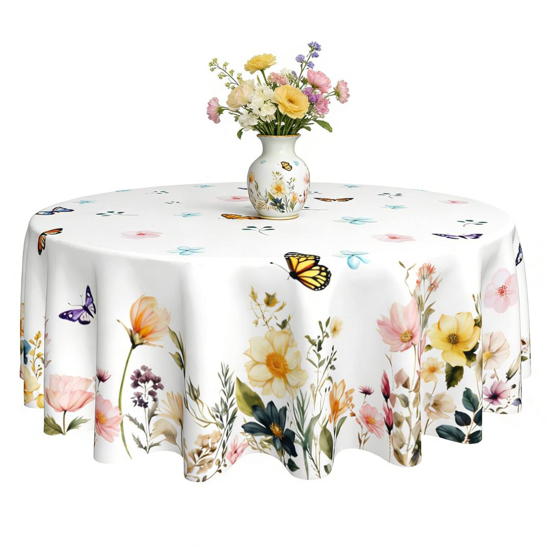 Xumuyin Spring Tablecloth 60 x 60 Inch Round Watercolor Flowers Table Cover Waterproof Wipeable Reusable for Kitchen Restaurant Home Parties Season Decor