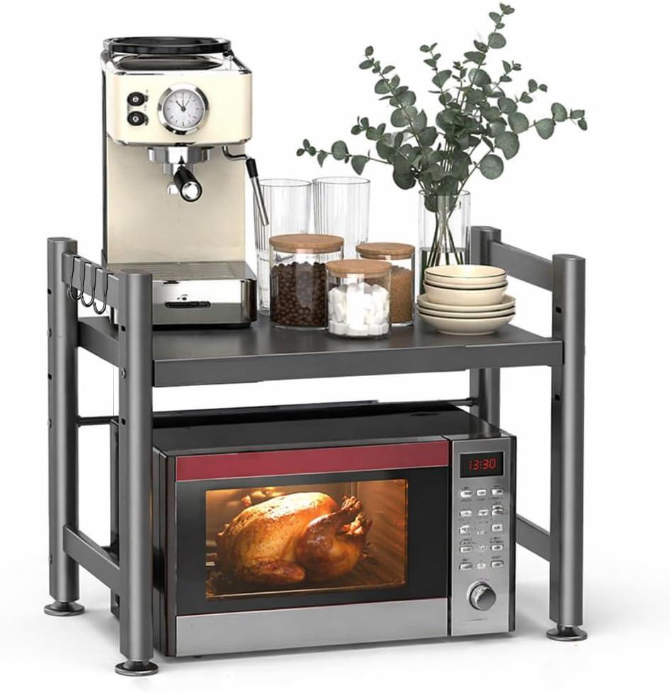 2-Tier Microwave Stand, 220lbs Rack w/Adjustable Feet & 6 Hooks