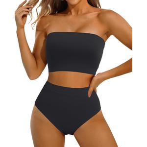 Yonique Bandeau Bikini Strapless Swimsuit - Two Piece High Waisted Bathing Suits (Large, Pure Black)