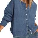 PRETTYGARDEN Long Sleeve Crewneck Button Down Womens Sweaters Spring Open Front Chunky Cardigan Sweaters for Women 2026 (Medium, Grey Blue)