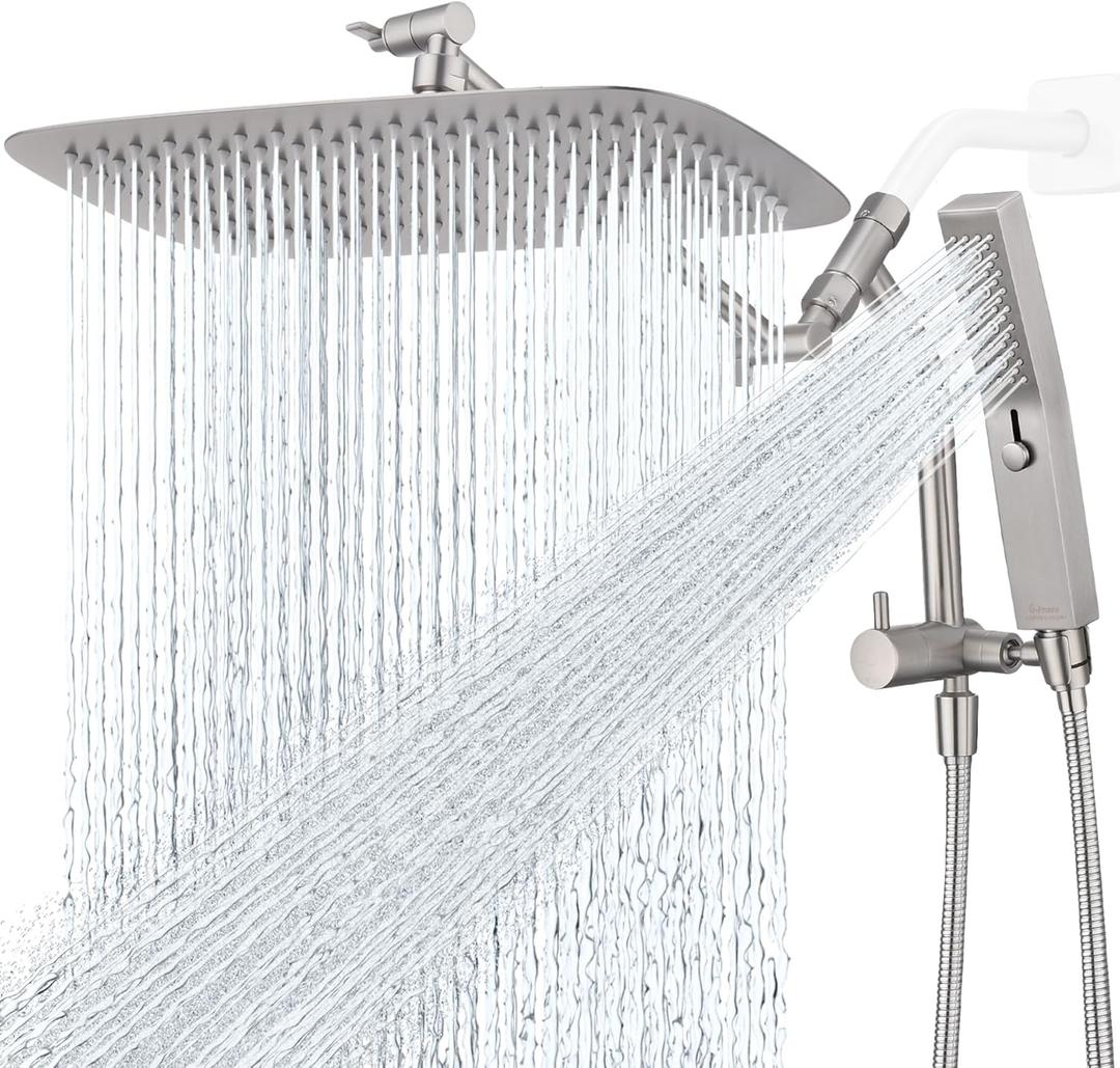 G-Promise All Metal 14 Inch Shower Head with Massage Mode Handheld, Rain Shower Head with Handheld Spray Combo, 3-Way Diverter with Pause Setting, 12 Inch Adjustable Extension Arm (Brushed Nickel)