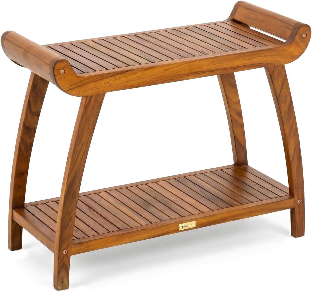 StrongTek Long Teak Shower Bench with Handles and Shelf, Solid Teak Wood Bathroom Bench, Quick-Dry Slatted Bath Bench, 29.5" L x 12.5" D x 24" H, 400 lbs Capacity, for Shower or Bathroom