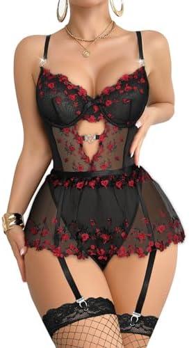Foxiny Sexy Stocking Underwire Push Up Rhinestones Heart Floral Lace Mesh Sheer Garter Bodysuit Skirt Lingerie Set 3 Piece, Size L