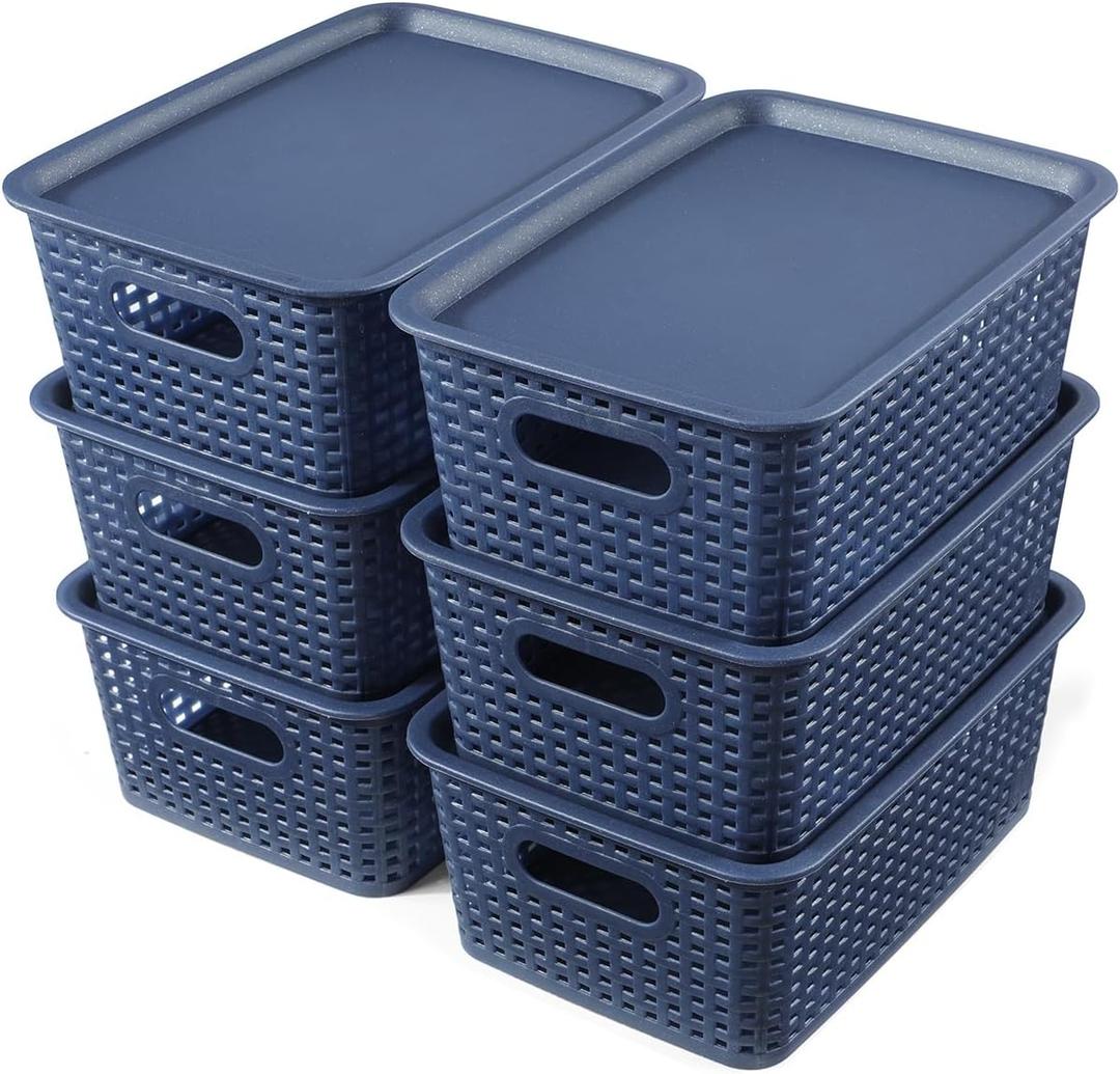 6 Pack Plastic Storage Baskets With Lids,Breathable Stackable Storage Bins with Fine Glitter,Small Storage Containers,Organizing Storage Baskets for Desktops,Closets,Playrooms,Offices,Navy Blue