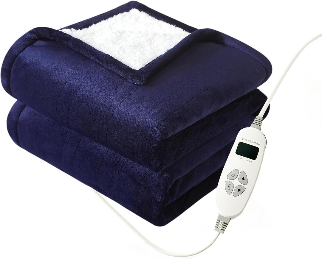 Quilted Electric Heated Blanket 50"x 60" Anti-Wire Shift | 10 Heat Levels & 1-9 Hour Timer | ETL Certified, Overheat Protection | Removable Controller, Flannel & Sherpa