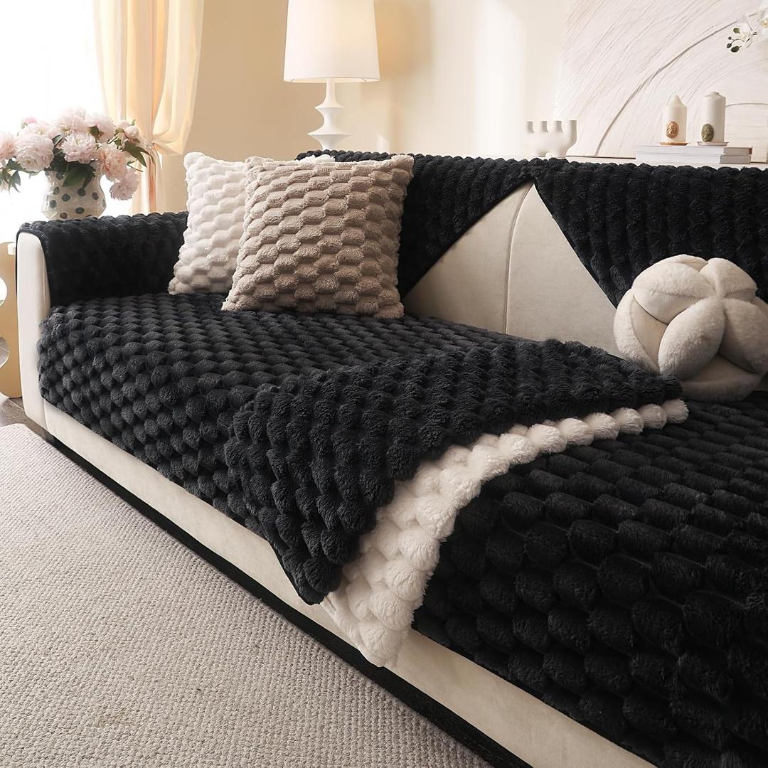 Soft Plush Faux Fur Couch Cover, Fluffy Non Slip Sectional Sofa Covers for 3 Cushion Couch, Furniture Protector Sofa Slipcover(1 PCS 36"x70" Black)