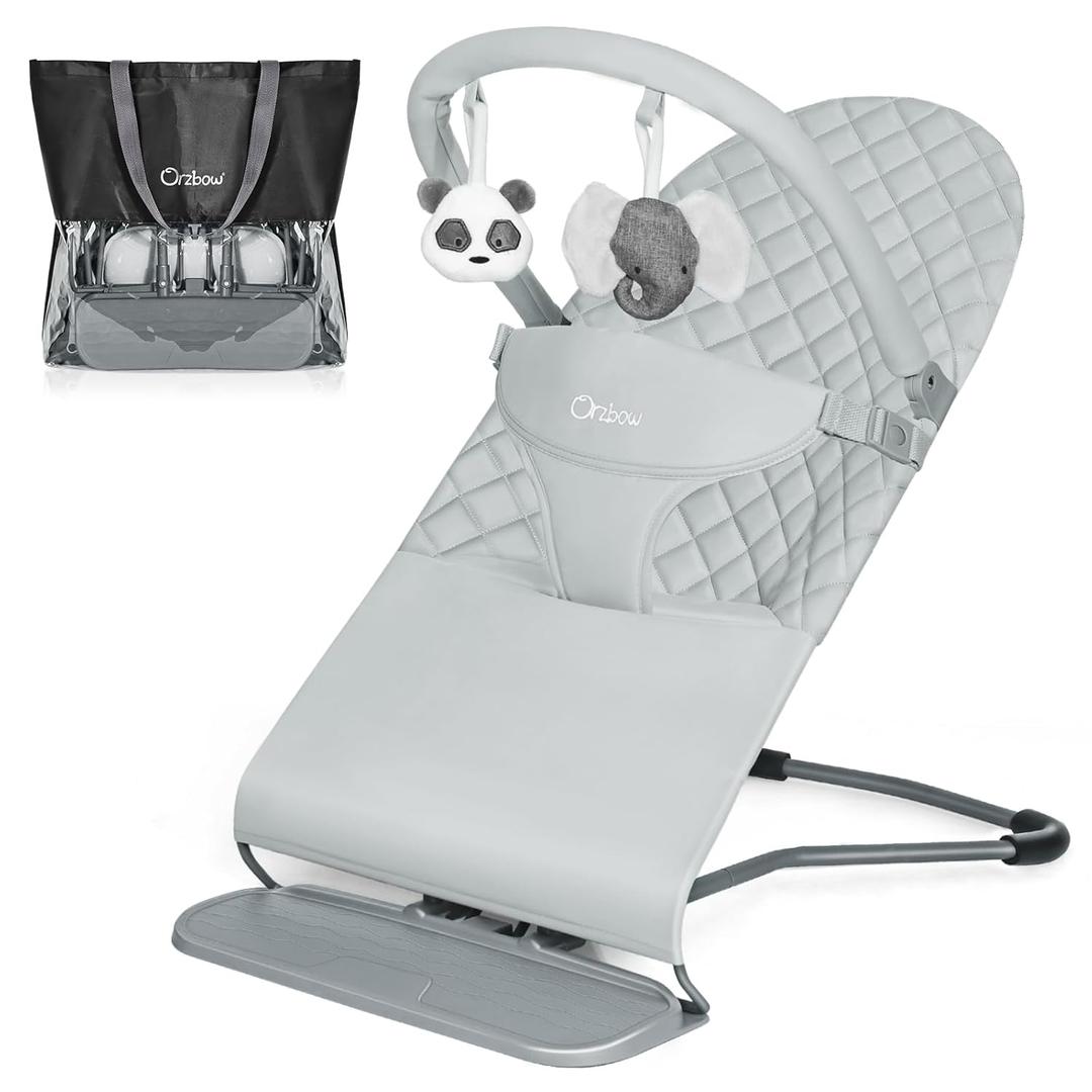 Orzbow Portable Baby Bouncer, Foldable Baby Bouncer Seat with Storage Bag and Removable Play Bar, 3 Recline Positions, 0-12 Months Up to 20lbs, Ergonomic Design, Easy to Wash, Gray