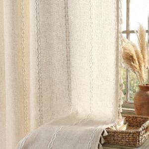 Boho Light Filtering Curtains 2 Panels 84 Inch for Living Room Bedroom, Beige Linen Texture Farmhouse Curtains with Tassels and Cotton Embroidery Vintage Rustic Western Rod Pocket